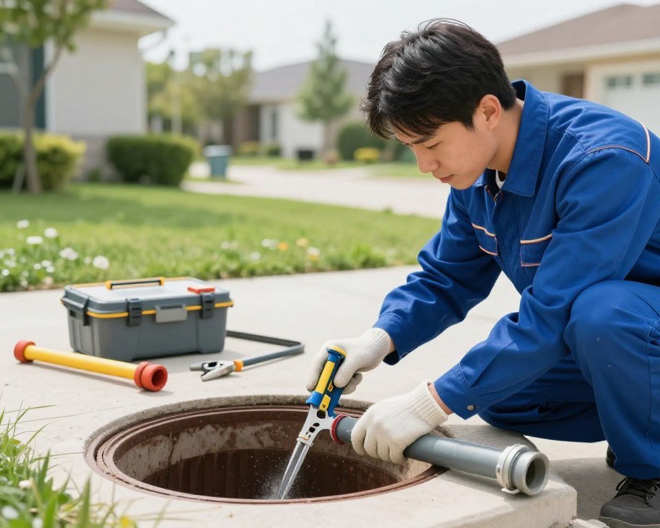 A clean and efficient plumbing maintenance scene in a residential setting, showcasing the process of cleaning drainage pipes. In the foreground, a professional technician in a neat uniform is using specialized tools to inspect a pipe, with a focused expression. In the middle ground, we see a partially opened manhole with tools and equipment neatly arranged nearby. The background features a serene, green suburban landscape, emphasizing a well-maintained environment. The lighting is bright and natural, suggesting midday, ideal for showcasing clarity and cleanliness. The atmosphere is positive and industrious, symbolizing the advantages of maintaining healthy drainage systems for better living conditions. A clean and efficient plumbing maintenance scene in a residential setting, showcasing the process of cleaning drainage pipes. In the foreground, a professional technician in a neat uniform is using specialized tools to inspect a pipe, with a focused expression. In the middle ground, we see a partially opened manhole with tools and equipment neatly arranged nearby. The background features a serene, green suburban landscape, emphasizing a well-maintained environment. The lighting is bright and natural, suggesting midday, ideal for showcasing clarity and cleanliness. The atmosphere is positive and industrious, symbolizing the advantages of maintaining healthy drainage systems for better living conditions.