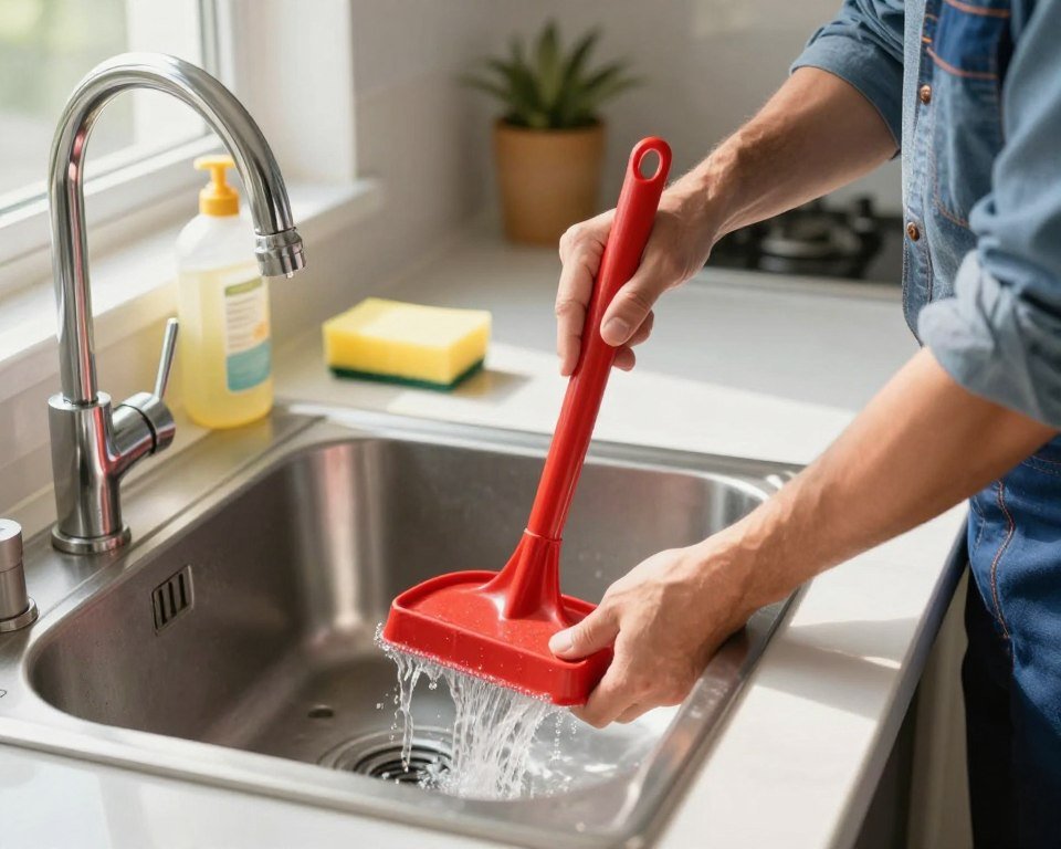 A clean and well-lit kitchen scene featuring a professional plumber using a plunger to unclog a kitchen sink. In the foreground, focus on the plumber, wearing smart casual clothing, firmly gripping a bright red rubber plunger. The middle ground should show a stainless steel sink with water slightly overflowing, emphasizing the plumbing issue. In the background, well-organized kitchen items, such as dish soap and sponges, add authenticity to the environment. Natural light streams in from a nearby window, creating a warm and inviting atmosphere. The shot is framed from a slightly elevated angle to capture both the action and the surrounding kitchen details effectively, highlighting the practical and traditional method of unblocking a sink. A clean and well-lit kitchen scene featuring a professional plumber using a plunger to unclog a kitchen sink. In the foreground, focus on the plumber, wearing smart casual clothing, firmly gripping a bright red rubber plunger. The middle ground should show a stainless steel sink with water slightly overflowing, emphasizing the plumbing issue. In the background, well-organized kitchen items, such as dish soap and sponges, add authenticity to the environment. Natural light streams in from a nearby window, creating a warm and inviting atmosphere. The shot is framed from a slightly elevated angle to capture both the action and the surrounding kitchen details effectively, highlighting the practical and traditional method of unblocking a sink.