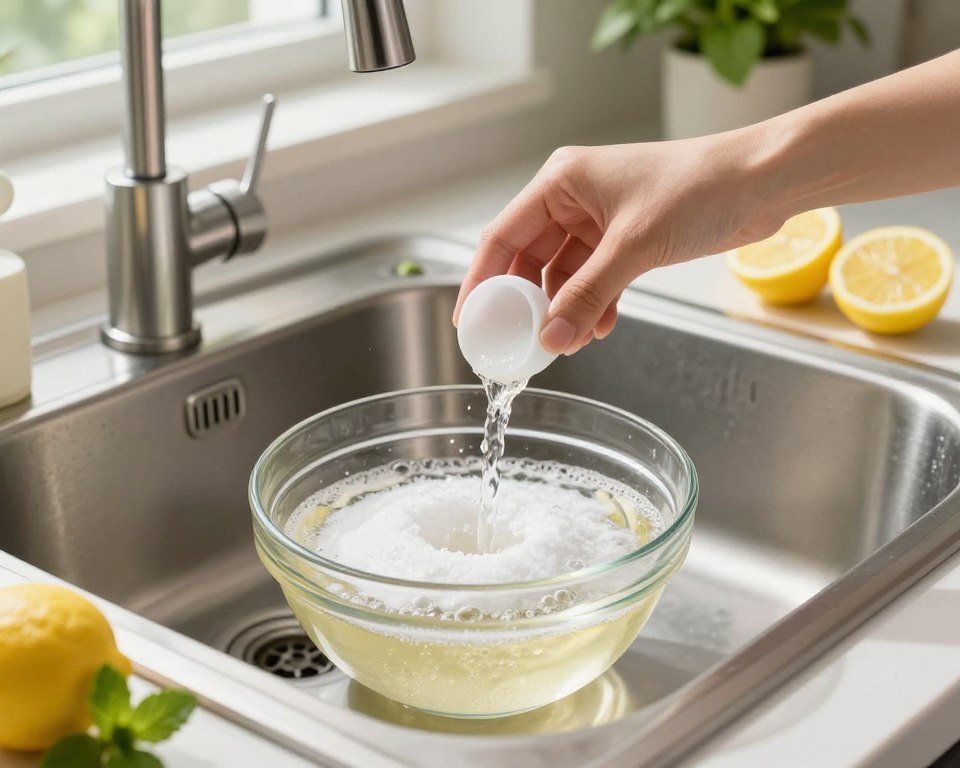 A clean, inviting kitchen scene featuring a stainless steel sink with a natural drain unclogging method. In the foreground, a glass bowl filled with vinegar and baking soda, showing effervescence as the solution bubbles. The middle ground portrays a hand gently pouring the mixture into the sink, surrounded by fresh lemon halves and a sprig of mint, emphasizing eco-friendly cleaning methods. The background is softly lit, with green houseplants on the windowsill and natural sunlight streaming through, creating a warm, positive atmosphere. The camera angle captures the action from above, ensuring a clear view of the bubbling mixture and the vibrant kitchen setting. The overall mood is fresh, clean, and environmentally conscious. A clean, inviting kitchen scene featuring a stainless steel sink with a natural drain unclogging method. In the foreground, a glass bowl filled with vinegar and baking soda, showing effervescence as the solution bubbles. The middle ground portrays a hand gently pouring the mixture into the sink, surrounded by fresh lemon halves and a sprig of mint, emphasizing eco-friendly cleaning methods. The background is softly lit, with green houseplants on the windowsill and natural sunlight streaming through, creating a warm, positive atmosphere. The camera angle captures the action from above, ensuring a clear view of the bubbling mixture and the vibrant kitchen setting. The overall mood is fresh, clean, and environmentally conscious.