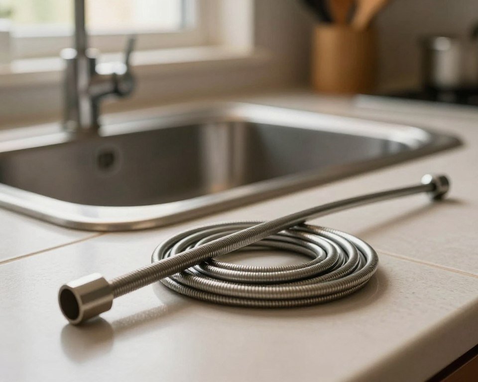 A close-up shot of a plumbing snake, or "furet," lying on a clean, tiled kitchen countertop, ready for use to unclog a sink. The foreground features the metallic coils of the tool, glistening under warm, focused lighting that highlights its texture. In the middle ground, a partially obscured, modern kitchen sink with water pooling inside hints at the problem being addressed. In the background, soft bokeh of kitchen utensils and a bright window allowing natural light gives an inviting atmosphere. The overall mood is practical and solution-oriented, emphasizing the ease of DIY plumbing techniques. The image should be crisp with a slight depth of field effect, focusing on the furet while creating a sense of a busy, yet tidy kitchen space. A close-up shot of a plumbing snake, or "furet," lying on a clean, tiled kitchen countertop, ready for use to unclog a sink. The foreground features the metallic coils of the tool, glistening under warm, focused lighting that highlights its texture. In the middle ground, a partially obscured, modern kitchen sink with water pooling inside hints at the problem being addressed. In the background, soft bokeh of kitchen utensils and a bright window allowing natural light gives an inviting atmosphere. The overall mood is practical and solution-oriented, emphasizing the ease of DIY plumbing techniques. The image should be crisp with a slight depth of field effect, focusing on the furet while creating a sense of a busy, yet tidy kitchen space.