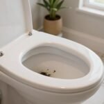 Débouchage WC : A close-up view of a clogged toilet in a modern bathroom, showcasing the interior of the toilet bowl filled with water and visible debris causing the blockage. The foreground highlights the toilet, meticulously captured with high detail, revealing materials like ceramic and chrome fittings. In the middle ground, the bathroom floor features a subtle pattern of tiles, providing context to the scene. The background includes a stylish sink and a small plant, adding a touch of warmth to the setting. Natural light streams in through a nearby window, creating a soft and inviting atmosphere. The mood is informative and slightly dramatic, emphasizing the issue of a clogged toilet without any clutter or distractions in the image.