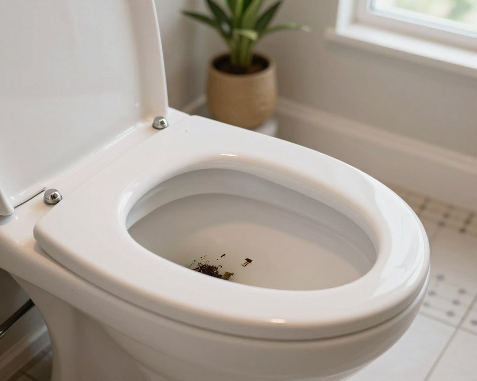 A close-up view of a clogged toilet in a modern bathroom, showcasing the interior of the toilet bowl filled with water and visible debris causing the blockage. The foreground highlights the toilet, meticulously captured with high detail, revealing materials like ceramic and chrome fittings. In the middle ground, the bathroom floor features a subtle pattern of tiles, providing context to the scene. The background includes a stylish sink and a small plant, adding a touch of warmth to the setting. Natural light streams in through a nearby window, creating a soft and inviting atmosphere. The mood is informative and slightly dramatic, emphasizing the issue of a clogged toilet without any clutter or distractions in the image. A close-up view of a clogged toilet in a modern bathroom, showcasing the interior of the toilet bowl filled with water and visible debris causing the blockage. The foreground highlights the toilet, meticulously captured with high detail, revealing materials like ceramic and chrome fittings. In the middle ground, the bathroom floor features a subtle pattern of tiles, providing context to the scene. The background includes a stylish sink and a small plant, adding a touch of warmth to the setting. Natural light streams in through a nearby window, creating a soft and inviting atmosphere. The mood is informative and slightly dramatic, emphasizing the issue of a clogged toilet without any clutter or distractions in the image.