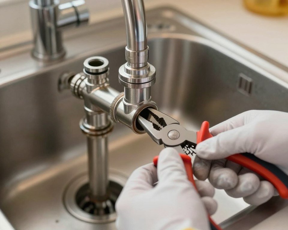 A close-up view of a kitchen sink being disassembled, focusing on the siphon under the sink. In the foreground, a pair of gloved hands grasp a slip joint pliers, expertly twisting the siphon pipes. The middle section showcases the shiny metallic siphon and its connections to the sink and drain, highlighting details such as various washers and seals. The background reveals a tidy kitchen setting with soft, warm lighting highlighting the scene, creating a practical and instructional atmosphere. The image should convey a sense of clarity and professionalism, emphasizing the step-by-step process of removing a siphon, with an emphasis on cleanliness and organization. Ensure there are no people in the frame and that the setting feels inviting and functional. A close-up view of a kitchen sink being disassembled, focusing on the siphon under the sink. In the foreground, a pair of gloved hands grasp a slip joint pliers, expertly twisting the siphon pipes. The middle section showcases the shiny metallic siphon and its connections to the sink and drain, highlighting details such as various washers and seals. The background reveals a tidy kitchen setting with soft, warm lighting highlighting the scene, creating a practical and instructional atmosphere. The image should convey a sense of clarity and professionalism, emphasizing the step-by-step process of removing a siphon, with an emphasis on cleanliness and organization. Ensure there are no people in the frame and that the setting feels inviting and functional.