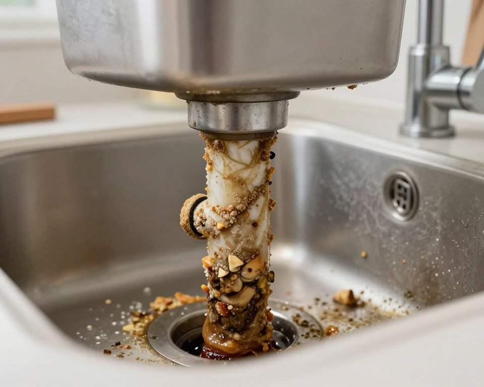 A close-up view of a kitchen sink drain pipe partially exposed, showing a significant accumulation of residues inside the pipe. The foreground highlights the textured buildup of greasy grime, food particles, and soap scum, creating a vivid display of blockage. In the middle ground, the sink and drain are captured in a modern, well-lit kitchen environment. The background features soft-focus elements like kitchen utensils and a clean countertop, suggesting a contrast with the pipe's mess. The lighting is bright and well-distributed, emphasizing the details of the residues. The overall atmosphere conveys a sense of urgency and a need for maintenance, illustrated through the unappealing sight of a clogged drain. A close-up view of a kitchen sink drain pipe partially exposed, showing a significant accumulation of residues inside the pipe. The foreground highlights the textured buildup of greasy grime, food particles, and soap scum, creating a vivid display of blockage. In the middle ground, the sink and drain are captured in a modern, well-lit kitchen environment. The background features soft-focus elements like kitchen utensils and a clean countertop, suggesting a contrast with the pipe's mess. The lighting is bright and well-distributed, emphasizing the details of the residues. The overall atmosphere conveys a sense of urgency and a need for maintenance, illustrated through the unappealing sight of a clogged drain.