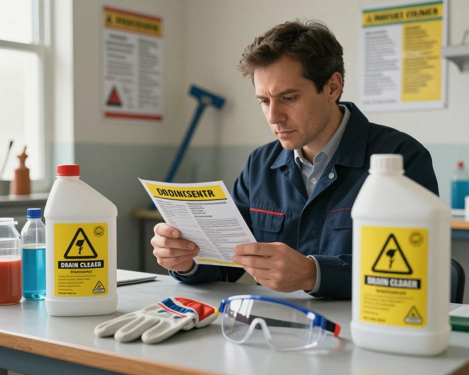 A cluttered but organized workbench displaying various chemical drain cleaner products, prominently featuring bright, eye-catching labels with clear hazard symbols. In the foreground, a pair of safety gloves and goggles are carefully placed next to a large bottle of a drain cleaner. The middle section showcases a knowledgeable technician in professional business attire, attentively reading safety instructions on the product label, conveying caution. In the background, a well-lit workshop filled with cleaning tools and safety posters related to chemical usage, enhancing the overall atmosphere of safety and responsibility. Natural lighting filters in, creating a warm yet clinical environment, emphasizing the seriousness of chemical handling. The image should evoke a sense of professionalism and awareness, suitable for educating readers on the importance of safety when using chemical products. A cluttered but organized workbench displaying various chemical drain cleaner products, prominently featuring bright, eye-catching labels with clear hazard symbols. In the foreground, a pair of safety gloves and goggles are carefully placed next to a large bottle of a drain cleaner. The middle section showcases a knowledgeable technician in professional business attire, attentively reading safety instructions on the product label, conveying caution. In the background, a well-lit workshop filled with cleaning tools and safety posters related to chemical usage, enhancing the overall atmosphere of safety and responsibility. Natural lighting filters in, creating a warm yet clinical environment, emphasizing the seriousness of chemical handling. The image should evoke a sense of professionalism and awareness, suitable for educating readers on the importance of safety when using chemical products.