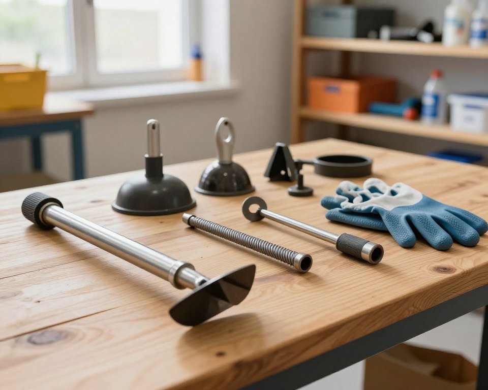 A collection of manual unclogging tools displayed on a wooden workbench in a bright, well-lit workshop. In the foreground, a sturdy plumber's auger and a manual drain snake are prominently featured, showcasing their metallic details and flexible cables. In the middle section, a variety of other unclogging tools, such as a plunger and a set of rubber gloves, are arranged neatly, emphasizing their utility. In the background, shelves filled with plumbing supplies and tools add context, with soft natural light streaming through a window, creating an inviting and practical atmosphere. The focus is sharp, highlighting the textures of the tools, while maintaining a clean, professional aesthetic. A collection of manual unclogging tools displayed on a wooden workbench in a bright, well-lit workshop. In the foreground, a sturdy plumber's auger and a manual drain snake are prominently featured, showcasing their metallic details and flexible cables. In the middle section, a variety of other unclogging tools, such as a plunger and a set of rubber gloves, are arranged neatly, emphasizing their utility. In the background, shelves filled with plumbing supplies and tools add context, with soft natural light streaming through a window, creating an inviting and practical atmosphere. The focus is sharp, highlighting the textures of the tools, while maintaining a clean, professional aesthetic.