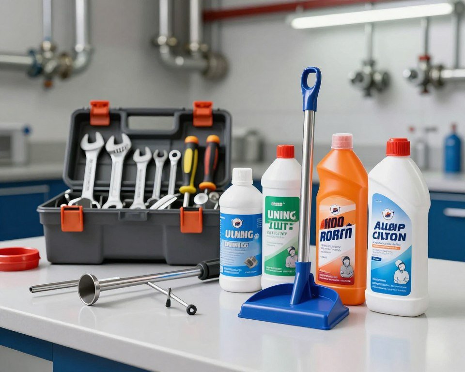 A detailed assortment of tools and products for unblocking drains, prominently displayed on a clean, well-organized workbench. In the foreground, showcase essential items like a drain snake, plunger, and chemical drain cleaner bottles, all in vibrant colors and polished finishes. The middle ground should feature a toolbox with neatly arranged tools such as wrenches and screwdrivers. In the background, create a blurred, industrial setting with pipes and plumbing fixtures, softly illuminated by bright, ambient lighting to convey a clear, efficient workspace atmosphere. Use a wide-angle lens effect to emphasize the tools, enhancing the sense of depth and focus. The overall mood should inspire confidence and readiness for a swift intervention. A detailed assortment of tools and products for unblocking drains, prominently displayed on a clean, well-organized workbench. In the foreground, showcase essential items like a drain snake, plunger, and chemical drain cleaner bottles, all in vibrant colors and polished finishes. The middle ground should feature a toolbox with neatly arranged tools such as wrenches and screwdrivers. In the background, create a blurred, industrial setting with pipes and plumbing fixtures, softly illuminated by bright, ambient lighting to convey a clear, efficient workspace atmosphere. Use a wide-angle lens effect to emphasize the tools, enhancing the sense of depth and focus. The overall mood should inspire confidence and readiness for a swift intervention.