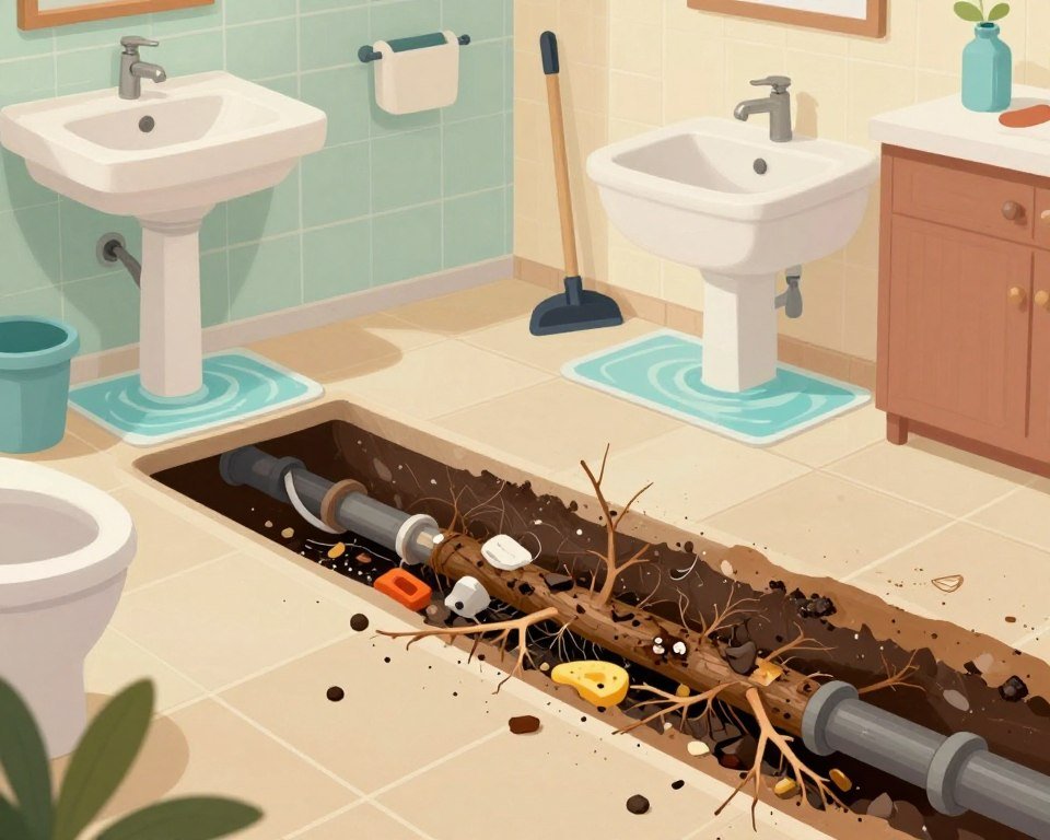 A detailed illustration depicting common causes of clogged drainage systems in a domestic setting. In the foreground, showcase a cross-section view of a clogged pipe filled with debris such as tree roots, grease, hair, and food particles. In the middle ground, include a bathroom and kitchen scene, highlighting sinks and bathtubs with visible slow-draining water and signs of blockage. The background should feature plumbing tools like a plunger and a snake, giving the idea of an ongoing repair. Use soft, natural lighting to create a realistic atmosphere, shot from a slightly overhead angle to emphasize the clogging issues. The mood should be informative yet approachable, suitable for an educational context. A detailed illustration depicting common causes of clogged drainage systems in a domestic setting. In the foreground, showcase a cross-section view of a clogged pipe filled with debris such as tree roots, grease, hair, and food particles. In the middle ground, include a bathroom and kitchen scene, highlighting sinks and bathtubs with visible slow-draining water and signs of blockage. The background should feature plumbing tools like a plunger and a snake, giving the idea of an ongoing repair. Use soft, natural lighting to create a realistic atmosphere, shot from a slightly overhead angle to emphasize the clogging issues. The mood should be informative yet approachable, suitable for an educational context.