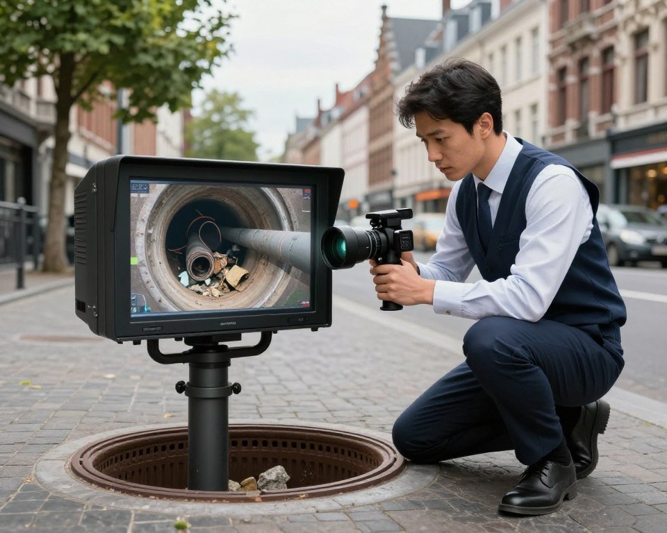 A detailed illustration of a camera inspection intervention process in a Belgian urban environment. In the foreground, a technician in professional business attire is holding a high-tech inspection camera, kneeled beside an open utility manhole. The middle layer features a clear view of the camera display showing live footage of underground pipes, with visible accumulated debris and blockages. The background showcases a city street with historical Belgian architecture, partially obscured by green foliage, under a soft, overcast sky that diffuses natural light evenly. The composition should convey a precise and methodical atmosphere, emphasizing professionalism and technological advancement, capturing the essence of a critical inspection process. A detailed illustration of a camera inspection intervention process in a Belgian urban environment. In the foreground, a technician in professional business attire is holding a high-tech inspection camera, kneeled beside an open utility manhole. The middle layer features a clear view of the camera display showing live footage of underground pipes, with visible accumulated debris and blockages. The background showcases a city street with historical Belgian architecture, partially obscured by green foliage, under a soft, overcast sky that diffuses natural light evenly. The composition should convey a precise and methodical atmosphere, emphasizing professionalism and technological advancement, capturing the essence of a critical inspection process.