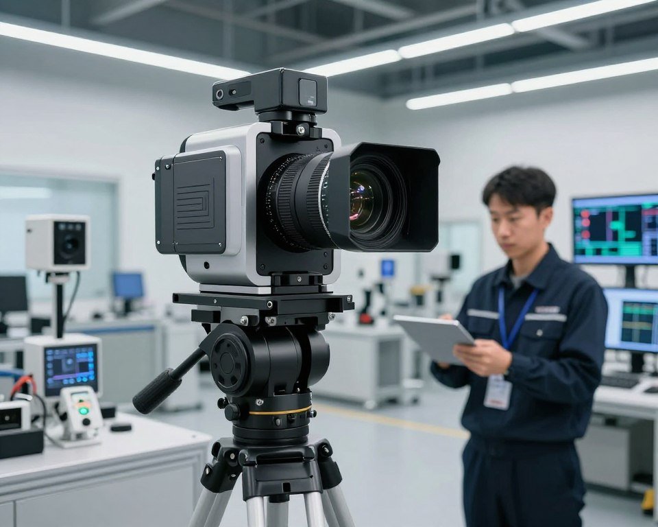 A high-tech inspection setup showcasing advanced camera technologies in a modern industrial environment. In the foreground, a sleek, professional-grade camera mounted on a tripod, with intricate details visible, reflecting polished metal and high-definition lenses. The middle ground features a technician in professional attire, diligently operating a tablet connected to the camera, surrounded by advanced sensors and monitoring screens displaying real-time data. The background includes an expansive view of an industrial facility with well-lit spaces, emphasizing precision and cutting-edge technology. The atmosphere is focused and analytical, with bright, even lighting that enhances the high-tech theme, showcasing the sophistication and reliability of modern inspection technologies. A high-tech inspection setup showcasing advanced camera technologies in a modern industrial environment. In the foreground, a sleek, professional-grade camera mounted on a tripod, with intricate details visible, reflecting polished metal and high-definition lenses. The middle ground features a technician in professional attire, diligently operating a tablet connected to the camera, surrounded by advanced sensors and monitoring screens displaying real-time data. The background includes an expansive view of an industrial facility with well-lit spaces, emphasizing precision and cutting-edge technology. The atmosphere is focused and analytical, with bright, even lighting that enhances the high-tech theme, showcasing the sophistication and reliability of modern inspection technologies.