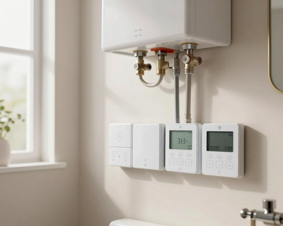 A modern and integrated heating and sanitary system installation in a bright, clean bathroom space. In the foreground, showcase sleek thermostats, radiant heating panels, and efficient plumbing fixtures, emphasizing cutting-edge technology. The middle ground features a well-organized array of pipes and valves, all neatly displayed against a light-colored wall. In the background, include hints of natural light streaming through a frosted window, illuminating the space’s minimalistic design with a fresh and welcoming ambiance. Use soft, warm lighting to enhance the comfort and functionality of the environment. The focus should be sharp, with a slightly elevated angle to capture the arrangement's depth, evoking a sense of innovation and reliability in integrated heating and sanitary solutions.
