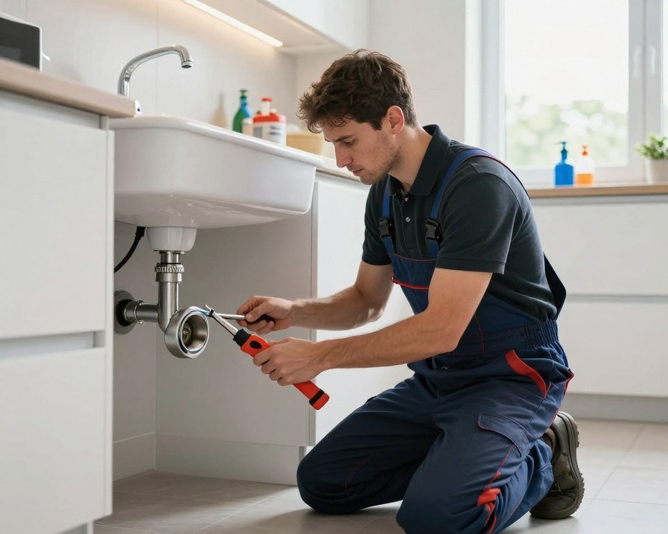 A professional plumber in Belgium is examining a clogged drain, kneeling beside a sink in a well-lit, modern kitchen. The plumber wears a branded uniform and is focused on using high-quality tools to assess the blockage. In the background, a clean and organized workspace features plumbing supplies and bright overhead lighting, creating a reliable and trustworthy atmosphere. A window allows natural light to enhance the scene, highlighting the plumber's concentration and expertise. The angle captures both the plumber's determined expression and the intricate plumbing system, emphasizing the professionalism and skill involved in choosing a reliable drain cleaning service. The overall mood is one of competence and assurance. A professional plumber in Belgium is examining a clogged drain, kneeling beside a sink in a well-lit, modern kitchen. The plumber wears a branded uniform and is focused on using high-quality tools to assess the blockage. In the background, a clean and organized workspace features plumbing supplies and bright overhead lighting, creating a reliable and trustworthy atmosphere. A window allows natural light to enhance the scene, highlighting the plumber's concentration and expertise. The angle captures both the plumber's determined expression and the intricate plumbing system, emphasizing the professionalism and skill involved in choosing a reliable drain cleaning service. The overall mood is one of competence and assurance.
