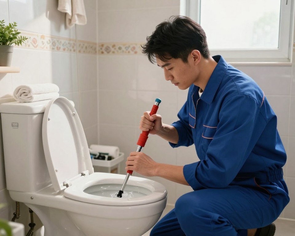 A professional plumber in a neat uniform is carefully using a specialized drain-cleaning tool to unclog a toilet in a modern bathroom setting. The foreground features the plumber, focused on the task, with tools organized neatly beside him. In the middle ground, a traditional toilet with water gently swirling is visible, emphasizing the task at hand. The background shows a clean, well-lit bathroom with tiled walls and subtle decorative elements, like a potted plant and rolled towels, adding warmth to the scene. Soft natural light filters in through a frosted window, creating a calm atmosphere while casting gentle shadows. The image evokes a sense of professionalism, expertise, and reliability in home plumbing services. A professional plumber in a neat uniform is carefully using a specialized drain-cleaning tool to unclog a toilet in a modern bathroom setting. The foreground features the plumber, focused on the task, with tools organized neatly beside him. In the middle ground, a traditional toilet with water gently swirling is visible, emphasizing the task at hand. The background shows a clean, well-lit bathroom with tiled walls and subtle decorative elements, like a potted plant and rolled towels, adding warmth to the scene. Soft natural light filters in through a frosted window, creating a calm atmosphere while casting gentle shadows. The image evokes a sense of professionalism, expertise, and reliability in home plumbing services.