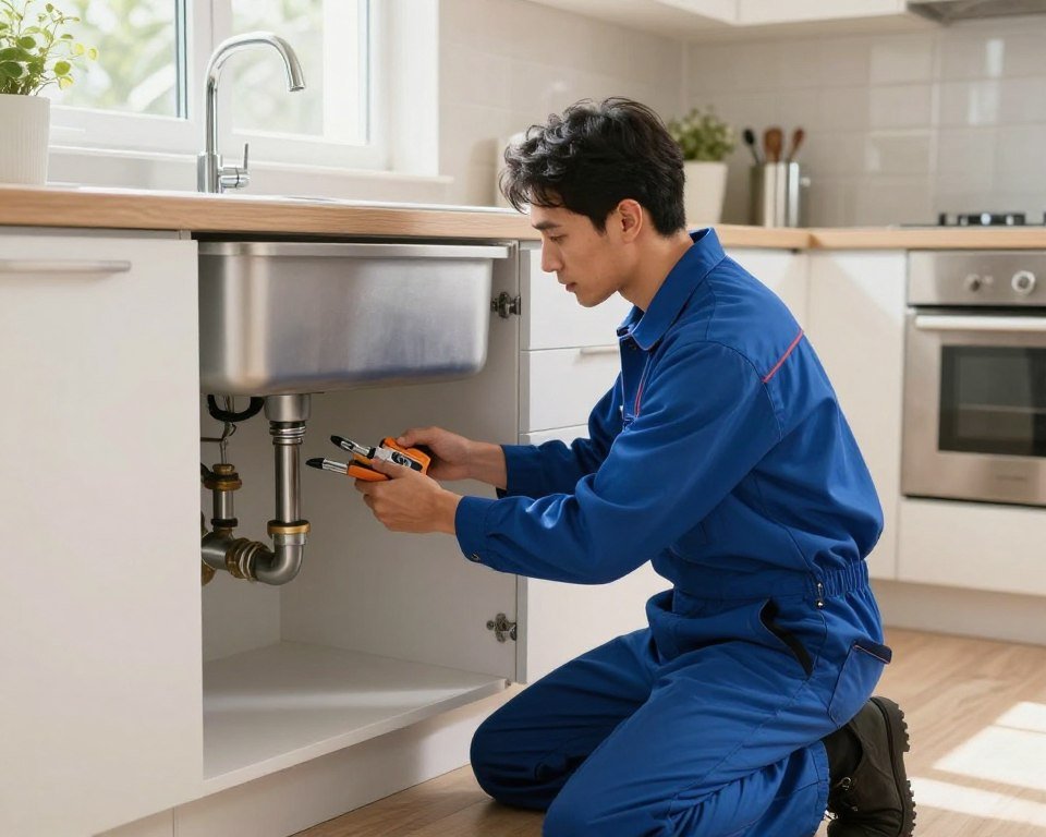 A professional plumber performing preventive maintenance on household plumbing systems, focusing on a kitchen sink. In the foreground, the plumber, dressed in a smart blue uniform with tools neatly arranged, is inspecting a slightly opened cabinet under the sink, revealing pipes and fittings. The middle ground features a bright, well-lit room with a clean, modern kitchen ambiance, showcasing durable materials like stainless steel and ceramic. In the background, sunlight filters through a window, casting soft shadows and creating a warm atmosphere. The atmosphere is calm, illustrating the importance of regular maintenance to prevent clogs and plumbing issues. Emphasize detail in the tools used, highlighting the importance of a proactive approach to plumbing care. A professional plumber performing preventive maintenance on household plumbing systems, focusing on a kitchen sink. In the foreground, the plumber, dressed in a smart blue uniform with tools neatly arranged, is inspecting a slightly opened cabinet under the sink, revealing pipes and fittings. The middle ground features a bright, well-lit room with a clean, modern kitchen ambiance, showcasing durable materials like stainless steel and ceramic. In the background, sunlight filters through a window, casting soft shadows and creating a warm atmosphere. The atmosphere is calm, illustrating the importance of regular maintenance to prevent clogs and plumbing issues. Emphasize detail in the tools used, highlighting the importance of a proactive approach to plumbing care.