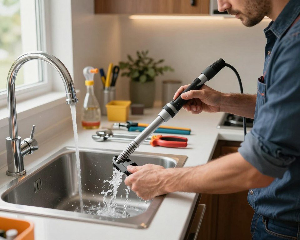 A professional plumber using advanced techniques to unclog a kitchen sink, focused on the intricate tools he is using. In the foreground, the plumber is depicted in smart casual attire, demonstrating skillful manipulation of a high-tech drain snake, with water splashing gently around. The middle ground showcases an array of plumbing equipment neatly organized—pliers, wrenches, and various drain cleaning tools. In the background, a home environment is visible, including a modern countertop and cabinets, softly lit with natural light coming from a nearby window, creating a warm and inviting atmosphere. The scene captures a sense of expertise and professionalism, highlighting the advanced interventions in plumbing. A professional plumber using advanced techniques to unclog a kitchen sink, focused on the intricate tools he is using. In the foreground, the plumber is depicted in smart casual attire, demonstrating skillful manipulation of a high-tech drain snake, with water splashing gently around. The middle ground showcases an array of plumbing equipment neatly organized—pliers, wrenches, and various drain cleaning tools. In the background, a home environment is visible, including a modern countertop and cabinets, softly lit with natural light coming from a nearby window, creating a warm and inviting atmosphere. The scene captures a sense of expertise and professionalism, highlighting the advanced interventions in plumbing.