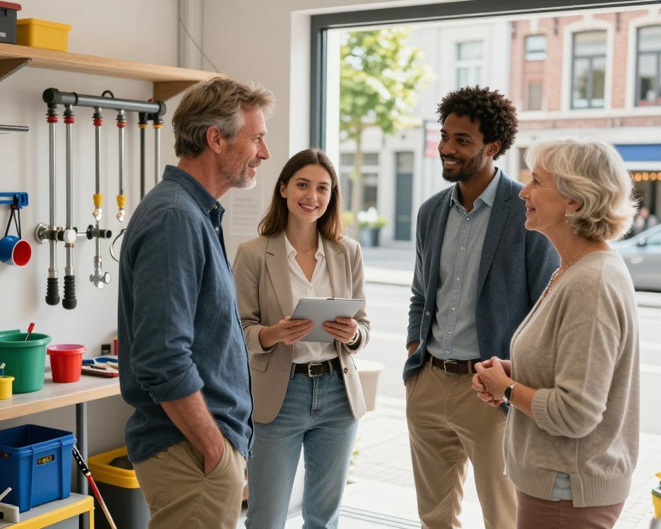 A professional scene depicting satisfied customers sharing their experiences with a plumbing service focused on unclogging drains. In the foreground, a diverse group of three individuals—one middle-aged man in smart casual clothing, a young woman in business attire, and an elderly woman wearing a modest outfit—are engaged in a friendly discussion. The middle ground showcases a partially visible workshop area with plumbing tools and equipment neatly arranged, highlighting efficiency and professionalism. The background features a sunny Belgian street, emphasizing a bright and hopeful atmosphere. Soft, natural lighting creates a warm mood, capturing the essence of trust and satisfaction in customer testimonials about effective drain unclogging services. The image's angle is slightly angled downward, enhancing the engagement of the customers. A professional scene depicting satisfied customers sharing their experiences with a plumbing service focused on unclogging drains. In the foreground, a diverse group of three individuals—one middle-aged man in smart casual clothing, a young woman in business attire, and an elderly woman wearing a modest outfit—are engaged in a friendly discussion. The middle ground showcases a partially visible workshop area with plumbing tools and equipment neatly arranged, highlighting efficiency and professionalism. The background features a sunny Belgian street, emphasizing a bright and hopeful atmosphere. Soft, natural lighting creates a warm mood, capturing the essence of trust and satisfaction in customer testimonials about effective drain unclogging services. The image's angle is slightly angled downward, enhancing the engagement of the customers.