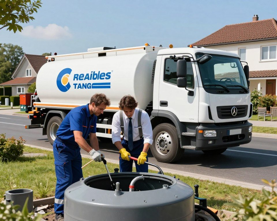 A professional septic tank service truck parked in a residential area in Belgium, with technicians in business attire efficiently operating equipment. In the foreground, the technicians are carefully inspecting a septic tank, using tools and safety gear, showcasing their expertise. The middle ground features the truck, with a logo that indicates a reliable and rapid service. In the background, a suburban neighborhood with well-kept houses under a clear blue sky. The scene is brightly lit, reflecting a sunny day to convey a positive, trustworthy atmosphere. The angle captures engaging details of both the technicians' work and the professional appearance of the service vehicle. A professional septic tank service truck parked in a residential area in Belgium, with technicians in business attire efficiently operating equipment. In the foreground, the technicians are carefully inspecting a septic tank, using tools and safety gear, showcasing their expertise. The middle ground features the truck, with a logo that indicates a reliable and rapid service. In the background, a suburban neighborhood with well-kept houses under a clear blue sky. The scene is brightly lit, reflecting a sunny day to convey a positive, trustworthy atmosphere. The angle captures engaging details of both the technicians' work and the professional appearance of the service vehicle.