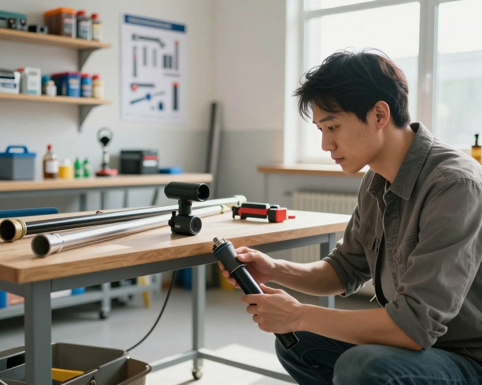 A professional setting in a well-lit, organized workspace depicting a knowledgeable technician in modest casual clothing examining a pipe in the foreground using advanced plumbing tools. The middle layer features a table with various plumbing equipment including drain cleaning rods and a high-tech drain inspection camera, showcasing a methodical approach to pipeline maintenance. In the background, a clean workshop with shelves of plumbing supplies and posters detailing pipe maintenance techniques, creating an atmosphere of expertise and reliability. Soft natural light illuminates the scene from a window, casting gentle shadows and enhancing the sense of depth, while emphasizing the importance of practical advice in maintaining drainage systems. A professional setting in a well-lit, organized workspace depicting a knowledgeable technician in modest casual clothing examining a pipe in the foreground using advanced plumbing tools. The middle layer features a table with various plumbing equipment including drain cleaning rods and a high-tech drain inspection camera, showcasing a methodical approach to pipeline maintenance. In the background, a clean workshop with shelves of plumbing supplies and posters detailing pipe maintenance techniques, creating an atmosphere of expertise and reliability. Soft natural light illuminates the scene from a window, casting gentle shadows and enhancing the sense of depth, while emphasizing the importance of practical advice in maintaining drainage systems.