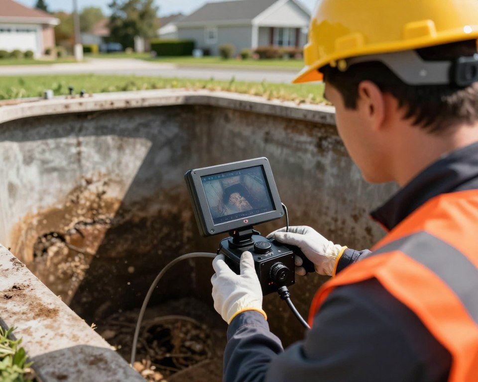 A professional sewer inspector using a high-tech video inspection camera to examine the interior of a septic tank. In the foreground, the inspector is dressed in a bright orange safety vest, wearing gloves and a hard hat, focused on the camera's monitor displaying detailed footage of the tank's condition. The middle ground features the inspection camera's cable extending into the dark, slightly muddy confines of the septic tank, while the tank's walls are visible, showing patches of sediment and potential blockages. In the background, a suburban setting with green grass and a clear blue sky contrasts with the underground environment, suggesting the importance of maintaining septic systems for homeowners. The lighting is bright and professional, casting soft shadows to enhance the texture of the surfaces. The overall mood is informative, technical, and focused on safety and professionalism. A professional sewer inspector using a high-tech video inspection camera to examine the interior of a septic tank. In the foreground, the inspector is dressed in a bright orange safety vest, wearing gloves and a hard hat, focused on the camera's monitor displaying detailed footage of the tank's condition. The middle ground features the inspection camera's cable extending into the dark, slightly muddy confines of the septic tank, while the tank's walls are visible, showing patches of sediment and potential blockages. In the background, a suburban setting with green grass and a clear blue sky contrasts with the underground environment, suggesting the importance of maintaining septic systems for homeowners. The lighting is bright and professional, casting soft shadows to enhance the texture of the surfaces. The overall mood is informative, technical, and focused on safety and professionalism.