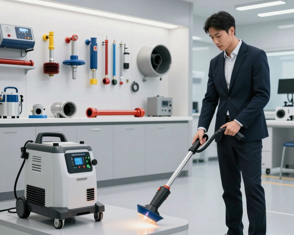 A professional technician in a clean, modern workspace is using advanced cleaning equipment to demonstrate advanced pipeline cleaning techniques. In the foreground, the technician, dressed in a smart business outfit, is focused on a high-tech hydro-jetting machine. In the middle background, various types of pipelines and specialized cleaning tools are organized neatly, showcasing the range of methods available. The scene is well-lit with bright, focused lighting that highlights the equipment's details and reflects a sense of precision and expertise. The atmosphere exudes efficiency and professionalism, reinforcing the importance of advanced cleaning methods in maintaining pipelines. Subtle reflections from the equipment enhance the visual depth without distractions, creating a clean and professional ambiance. A professional technician in a clean, modern workspace is using advanced cleaning equipment to demonstrate advanced pipeline cleaning techniques. In the foreground, the technician, dressed in a smart business outfit, is focused on a high-tech hydro-jetting machine. In the middle background, various types of pipelines and specialized cleaning tools are organized neatly, showcasing the range of methods available. The scene is well-lit with bright, focused lighting that highlights the equipment's details and reflects a sense of precision and expertise. The atmosphere exudes efficiency and professionalism, reinforcing the importance of advanced cleaning methods in maintaining pipelines. Subtle reflections from the equipment enhance the visual depth without distractions, creating a clean and professional ambiance.
