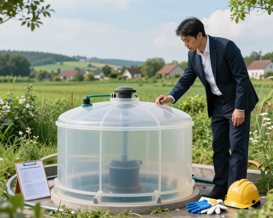 A professional technician in business attire examines a semi-transparent, modern septic tank, showcasing the cleaning process with tools and equipment. The foreground features detailed elements like a maintenance checklist, gloves, and safety gear, emphasizing quality and environmental respect. In the middle ground, a picturesque Belgian countryside is visible, with lush greenery and blue skies, symbolizing the importance of clean water and eco-friendly practices. The background includes distant hills and residential buildings, reflecting a typical suburban setting. The scene is bathed in soft, natural lighting that creates a serene and trustworthy atmosphere, inviting viewers to appreciate the commitment to quality and environmental responsibility in septic tank maintenance. A professional technician in business attire examines a semi-transparent, modern septic tank, showcasing the cleaning process with tools and equipment. The foreground features detailed elements like a maintenance checklist, gloves, and safety gear, emphasizing quality and environmental respect. In the middle ground, a picturesque Belgian countryside is visible, with lush greenery and blue skies, symbolizing the importance of clean water and eco-friendly practices. The background includes distant hills and residential buildings, reflecting a typical suburban setting. The scene is bathed in soft, natural lighting that creates a serene and trustworthy atmosphere, inviting viewers to appreciate the commitment to quality and environmental responsibility in septic tank maintenance.