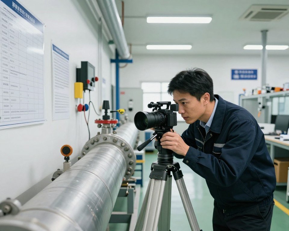 A professional technician in business attire is conducting a camera inspection of a large industrial pipeline, ensuring expertise and quality standards. The foreground showcases the technician with a focused expression, examining the pipeline closely with a high-tech camera mounted on a tripod. In the middle ground, the pipeline stretches into the distance, surrounded by various inspection tools and quality standard charts pinned on the wall. The background features a well-lit industrial setting with clean, organized workspaces and quality control signage. Soft, natural lighting from overhead fluorescents creates a bright, sterile atmosphere, emphasizing professionalism and precision. The angle is slightly elevated, capturing the technician's detailed work and the essential tools of the trade. A professional technician in business attire is conducting a camera inspection of a large industrial pipeline, ensuring expertise and quality standards. The foreground showcases the technician with a focused expression, examining the pipeline closely with a high-tech camera mounted on a tripod. In the middle ground, the pipeline stretches into the distance, surrounded by various inspection tools and quality standard charts pinned on the wall. The background features a well-lit industrial setting with clean, organized workspaces and quality control signage. Soft, natural lighting from overhead fluorescents creates a bright, sterile atmosphere, emphasizing professionalism and precision. The angle is slightly elevated, capturing the technician's detailed work and the essential tools of the trade.