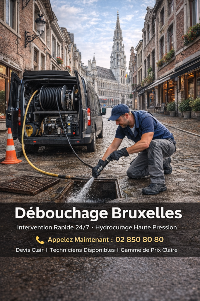 Débouchage Bruxelles : urgence 24/7, WC, évier, douche, hydrocurage haute pression, inspection caméra, devis clair et intervention rapide.